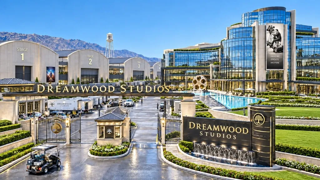 DreamWood Studios daylight lot view with soundstages and mountain backdrop